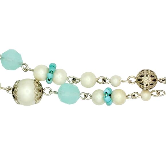 Vintage Carolee Aqua & Pearl Beaded Necklace | Ocean Hues with Silver Tone - Picture 3 of 4